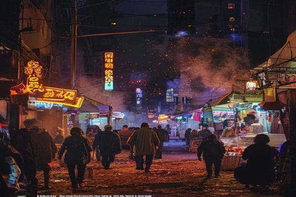 瘦猴探花城市夜间探访系列，镜头捕捉霓虹灯下街头摊贩的真实生活场景，烟火气十足画面温暖